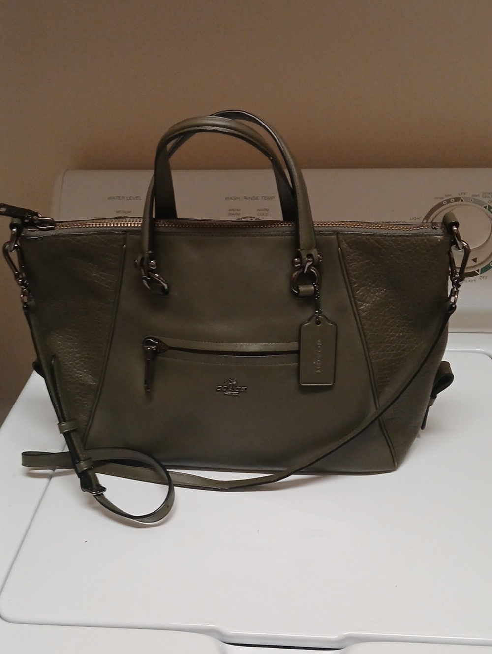 Coach Prairie Satchel 2Way Shoulder Handbag Pebbled Leather Army Green
